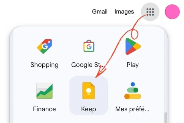 Visuel accès Google Keep à partir de son compte Google.