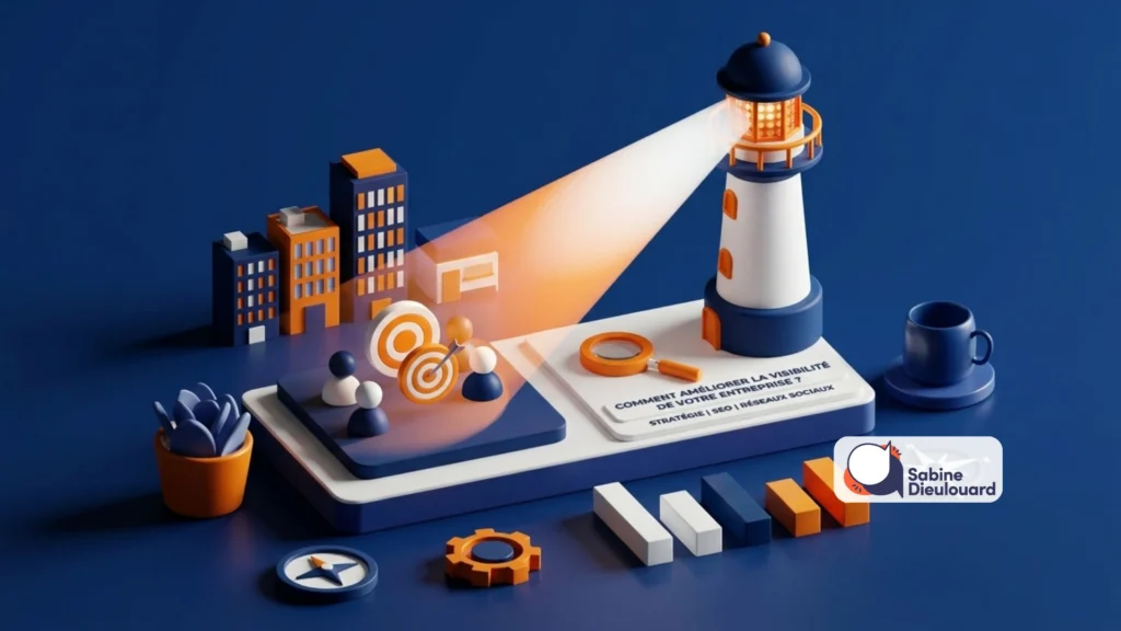 Illustration d’un phare éclairant une cible représentant la visibilité d’une entreprise grâce au canaux de visibilité , SEO, aux réseaux sociaux et à une stratégie marketing