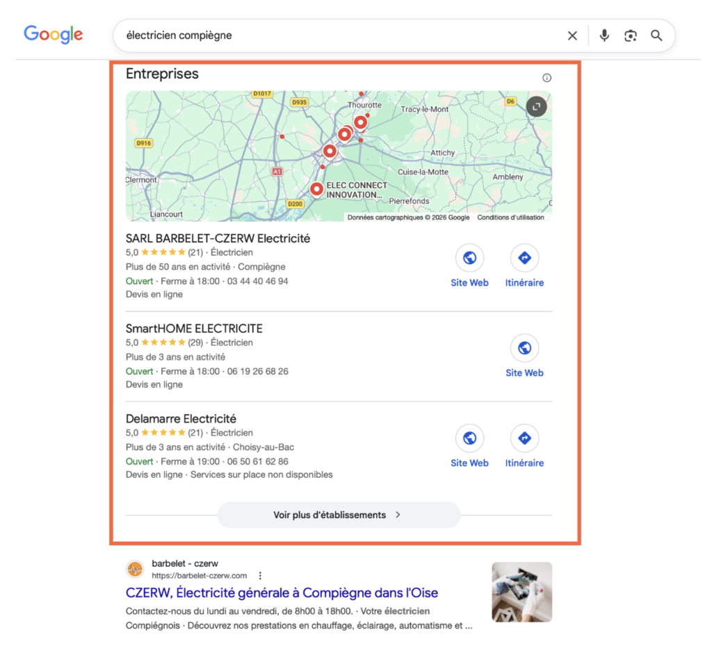 Exemple affichage de la fiche Google Business Profile sur la requête 'électricien Compiègne'