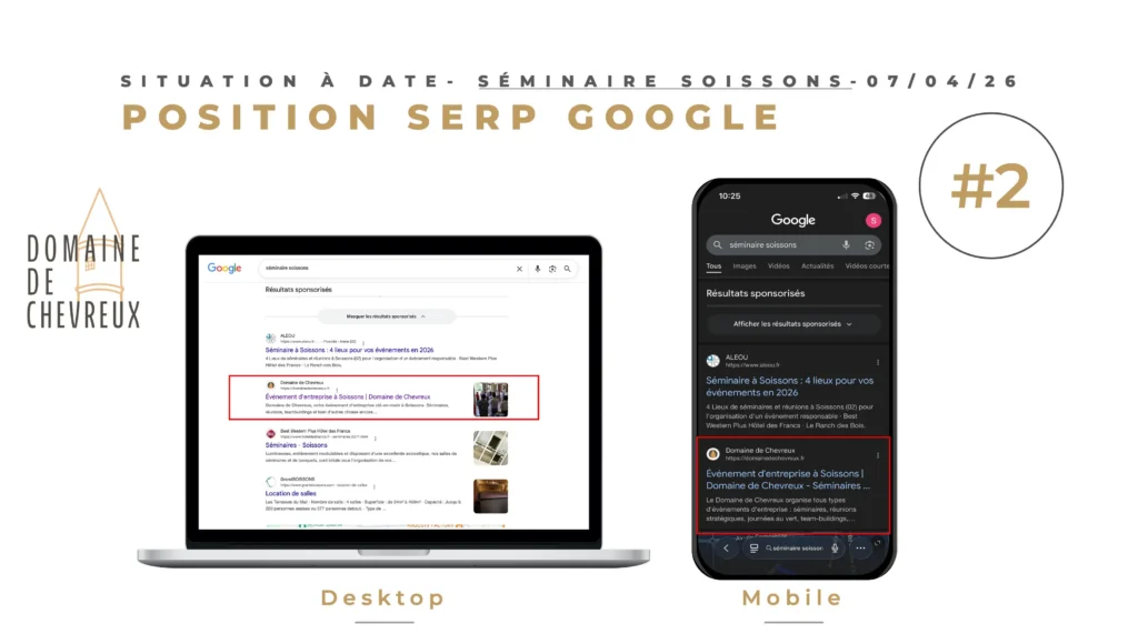 Position Google du site Domaine de Chevreux en 2ème place sur le mot-clé séminaire Soissons après optimisation en rédaction web SEO