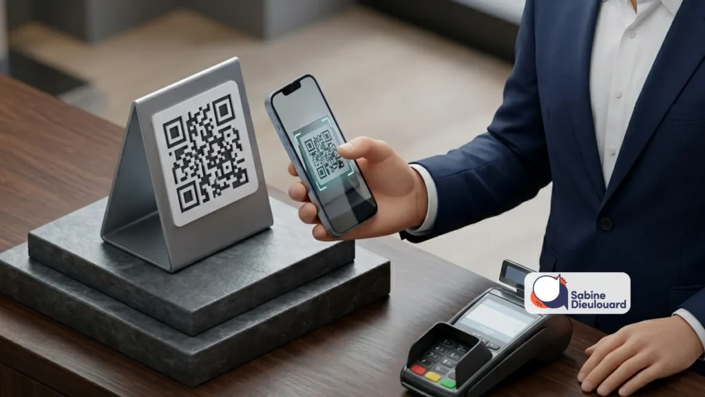 Homme scannant un QR code avec un smartphone pour accéder à une information marketing