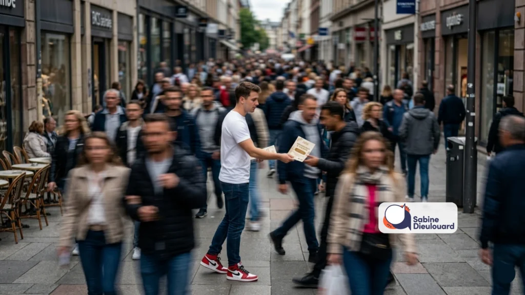 Jeune entrepreneur distribuant un flyer dans une rue piétonne animée - méthode de distribution de flyers