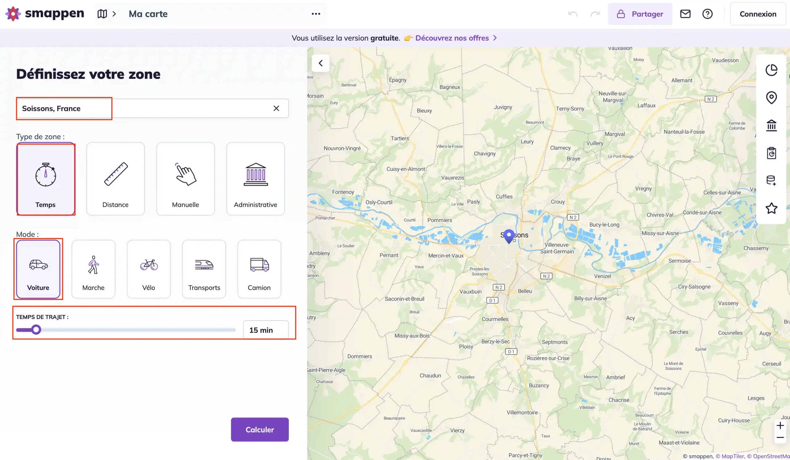 Distribution de flyer - exemple de calcul de sa zone de chalandise isochrone avec smappen pour une distribution de flyers à Soissons -paramétrage carte