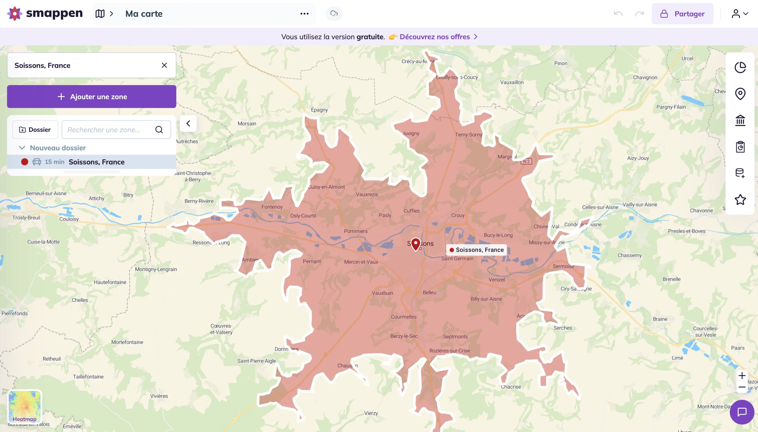 Distribution de flyer - exemple de calcul de sa zone de chalandise isochrone avec smappen pour une distribution de flyers à Soissons -résultat carte