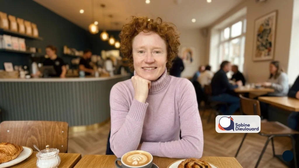 Visuel généré par IA d’une femme dans un café, illustrant la création de contenu pour les réseaux sociaux.