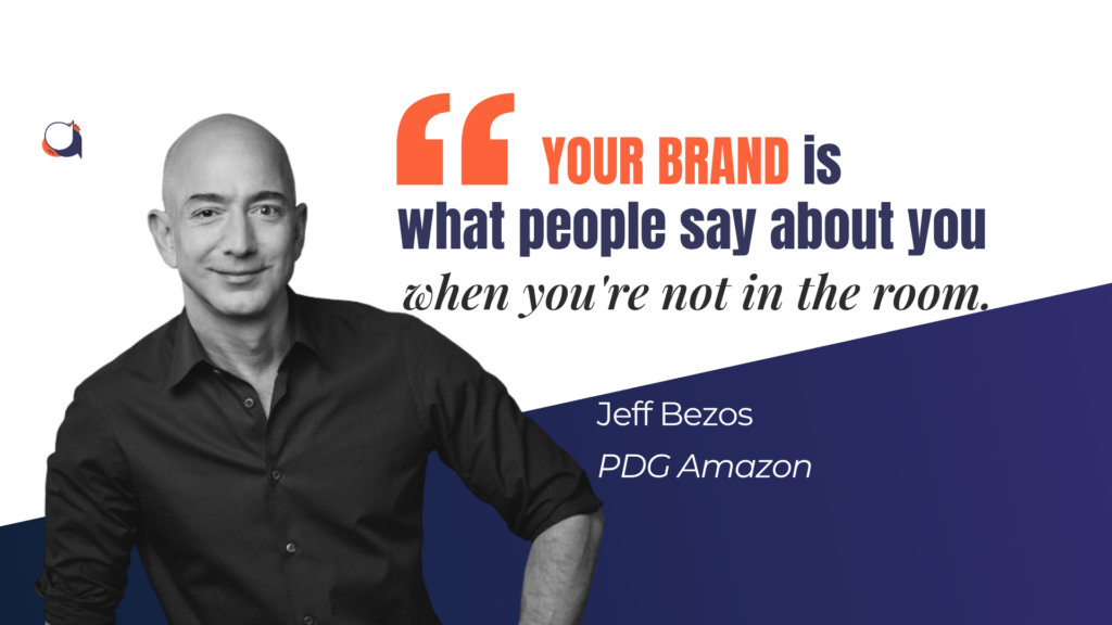 Portrait de Jeff Bezos avec sa citation celebre sur l image de marque et le branding